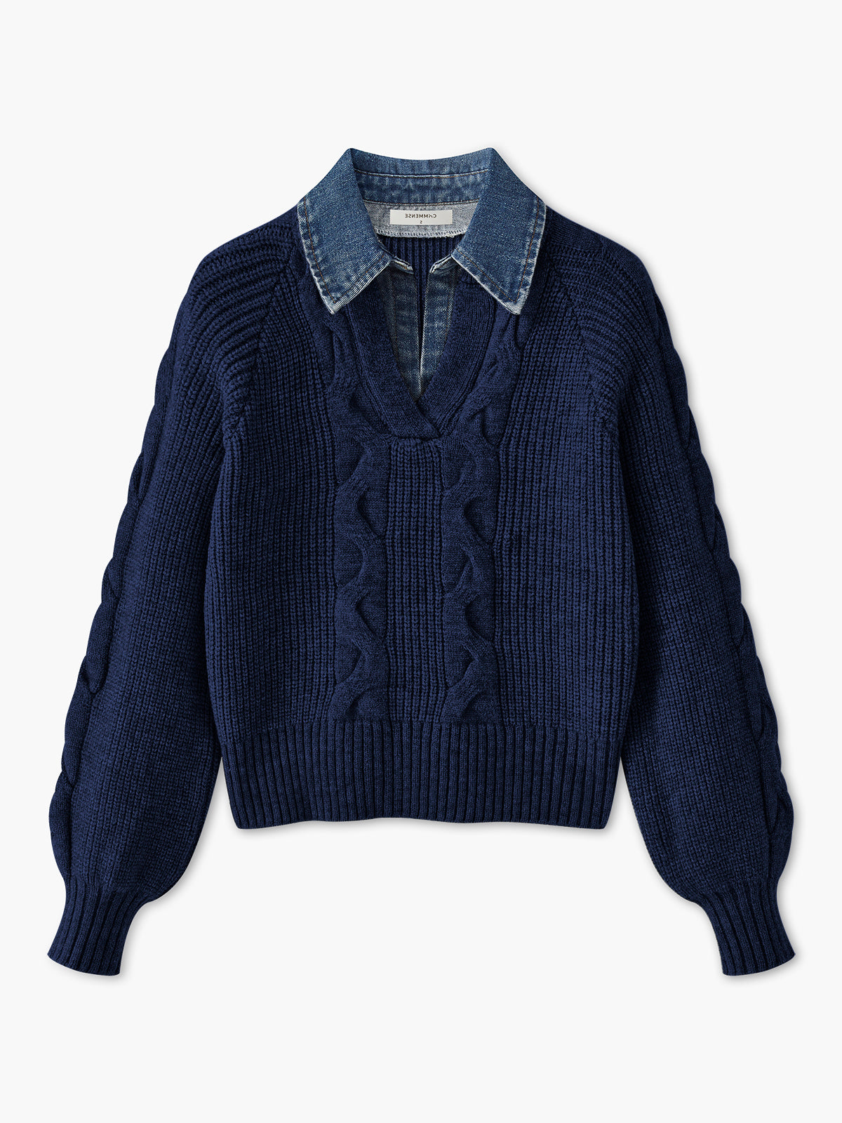 Denim-Panel-Rippkragenpullover