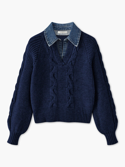 Denim-Panel-Rippkragenpullover