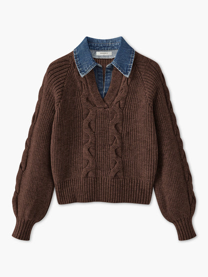 Denim-Panel-Rippkragenpullover