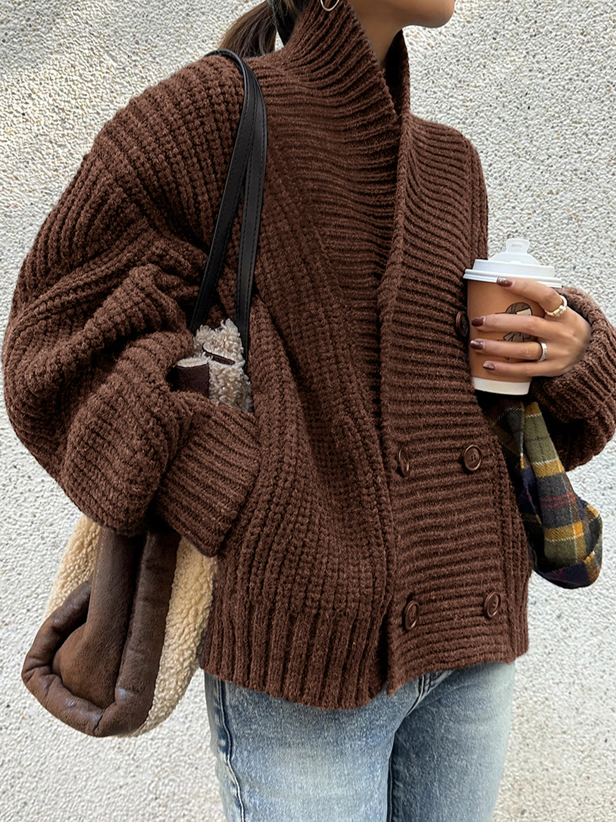Rippstrick Revers Knopf Strickjacke