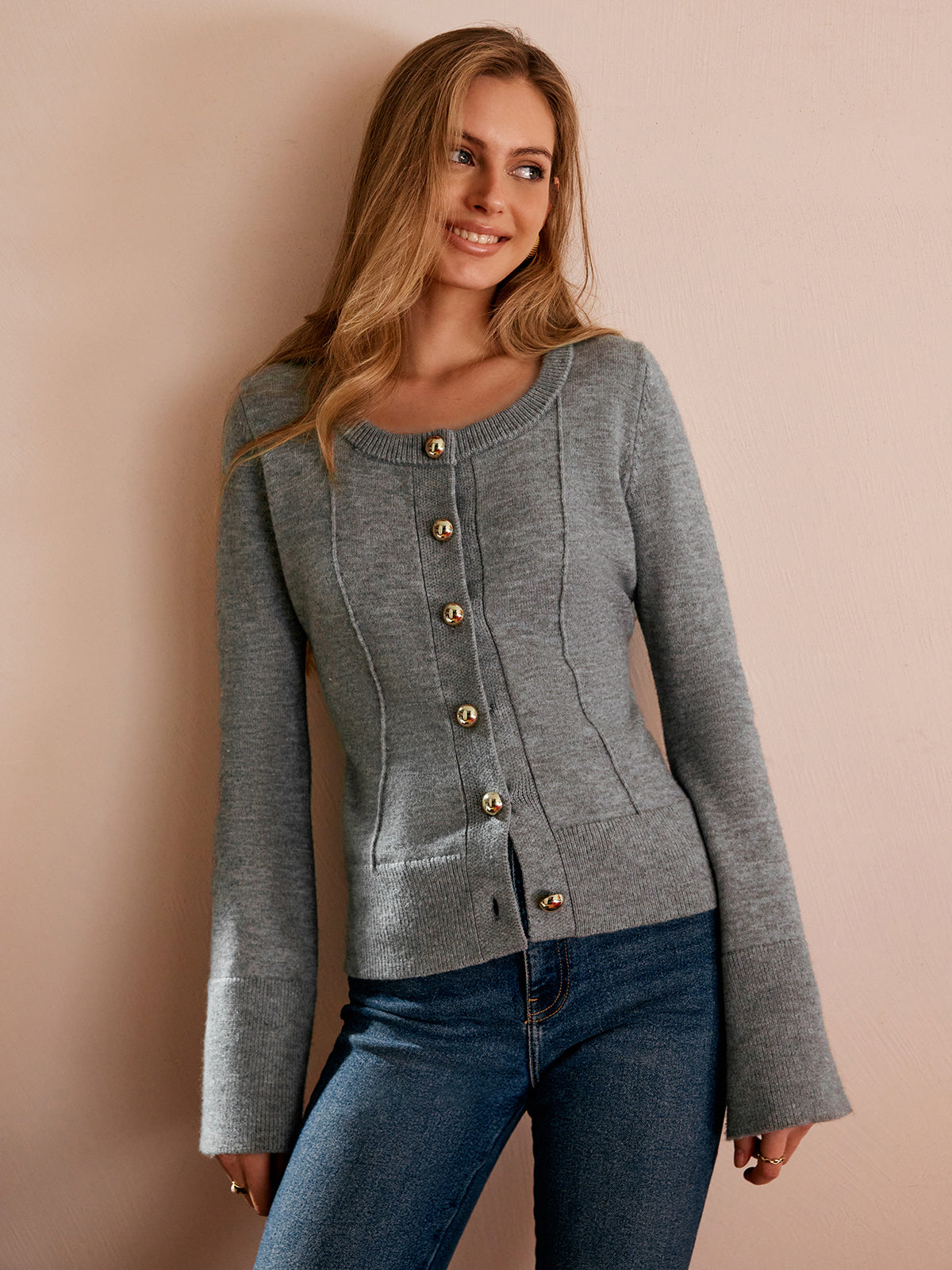 Knopf-Volant Ärmel Enges Cardigan