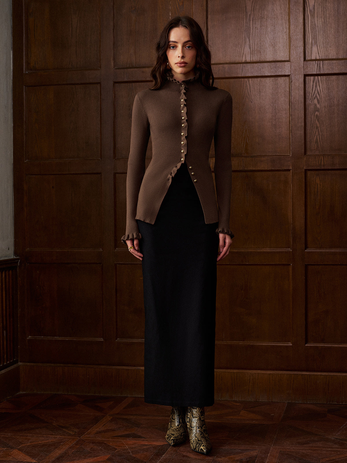 Kariertes Metallknopf-Cardigan mit Schlitz