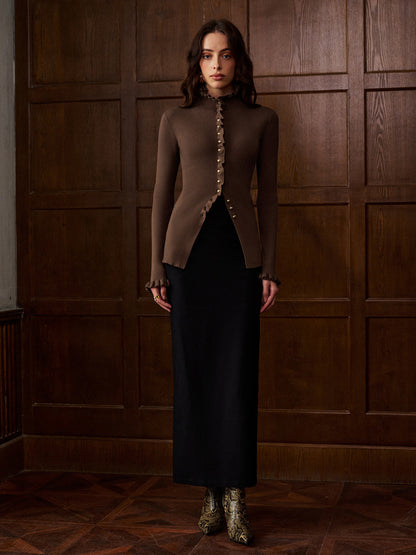 Kariertes Metallknopf-Cardigan mit Schlitz