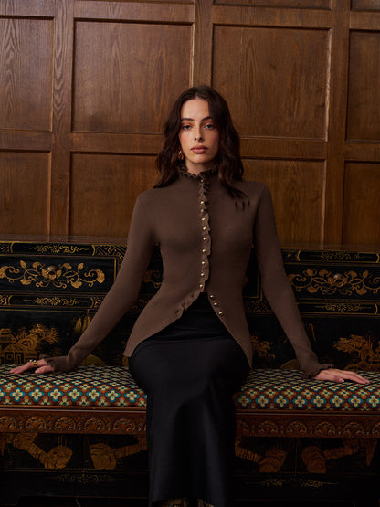 Kariertes Metallknopf-Cardigan mit Schlitz