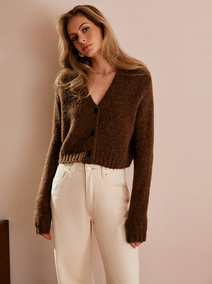 Wollmischung V-Ausschnitt Kurze Strickjacke