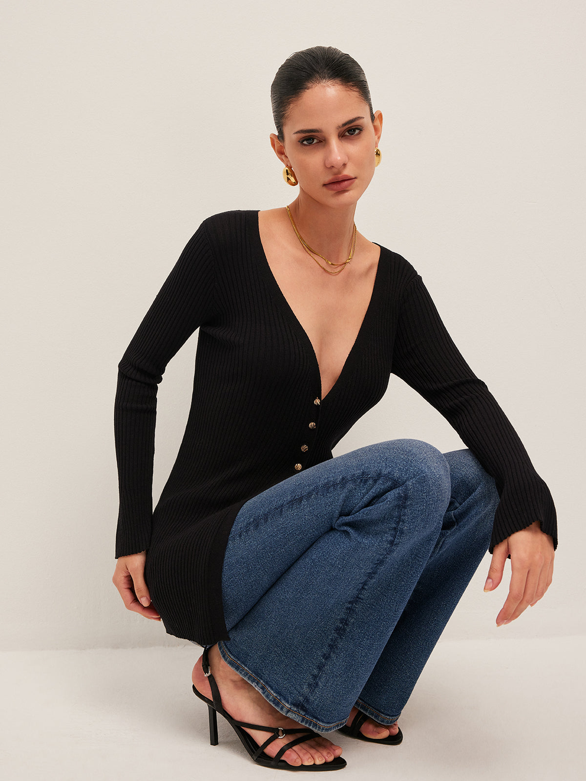 Rippstrick Cardigan mit Schlitz und Knöpfen