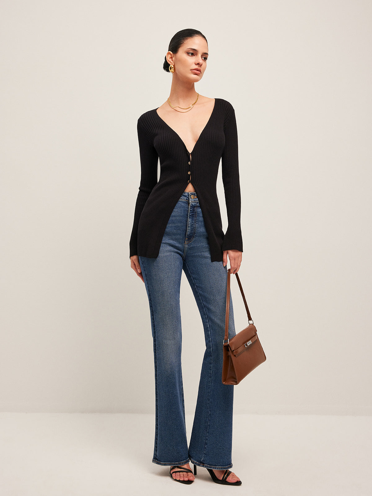 Rippstrick Cardigan mit Schlitz und Knöpfen