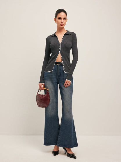 Ribanalı Kurze Strickjacke mit Knöpfen vorne