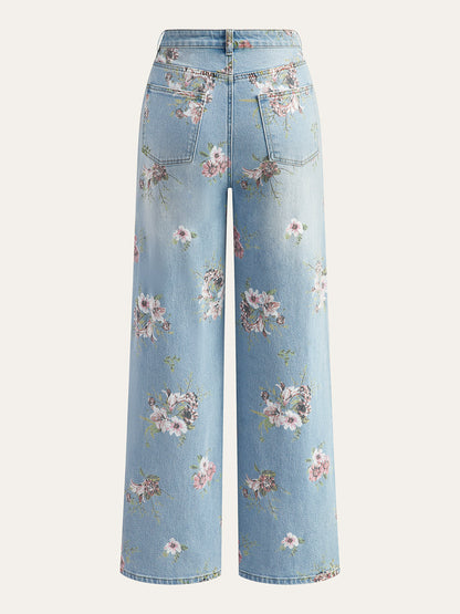 Blumenmuster Mid-Waist Denim-Hose