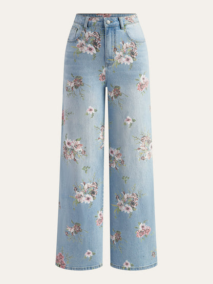 Blumenmuster Mid-Waist Denim-Hose