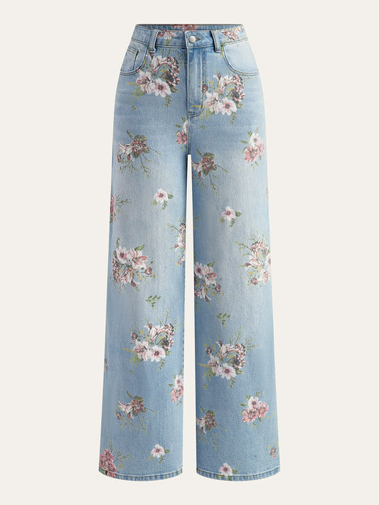 Blumenmuster Mid-Waist Denim-Hose