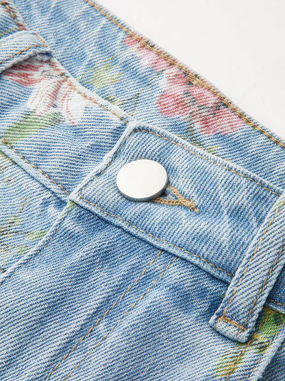 Blumenmuster Mid-Waist Denim-Hose