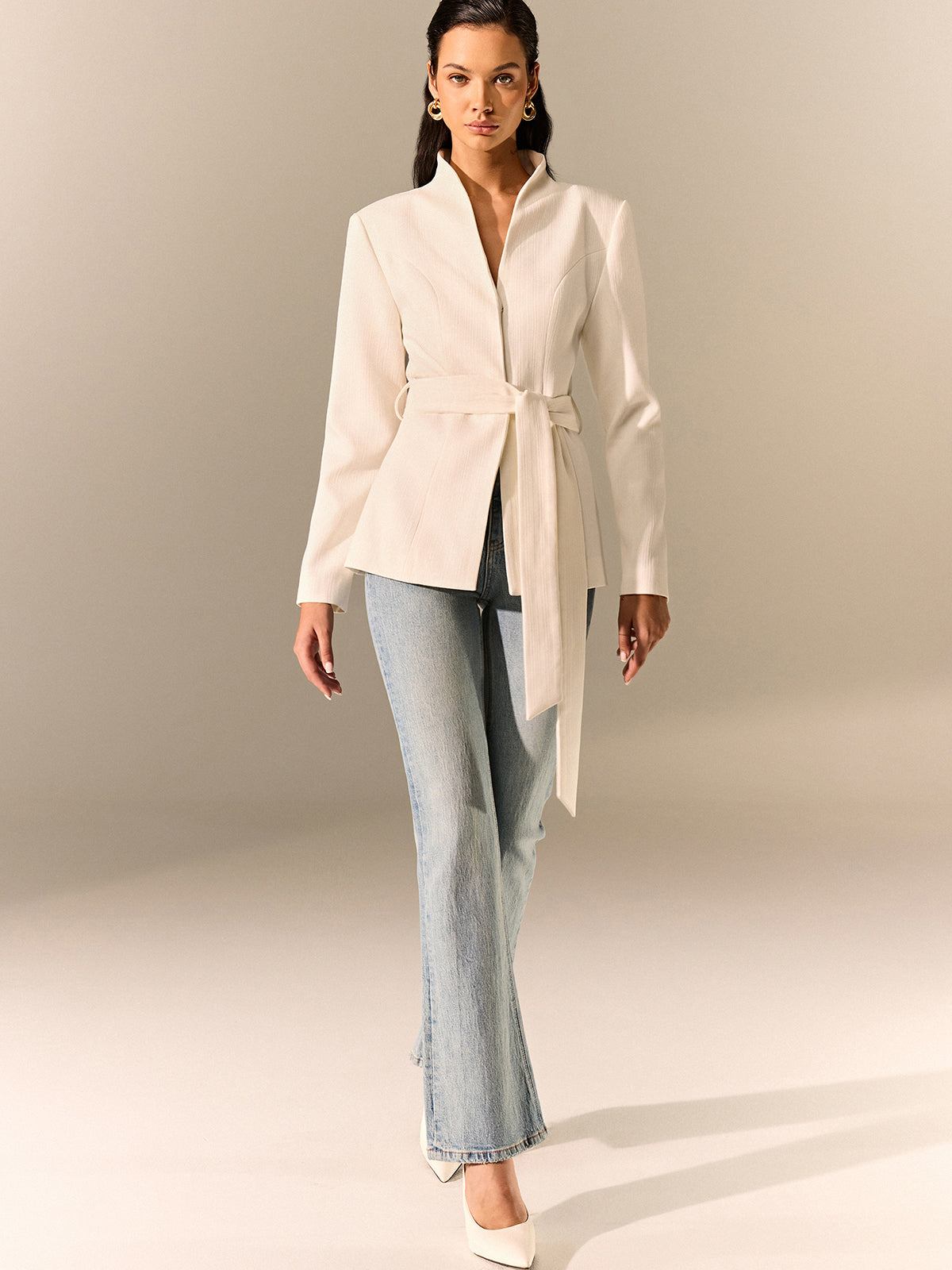 Stehkragen Gürtel Langarm Blazer