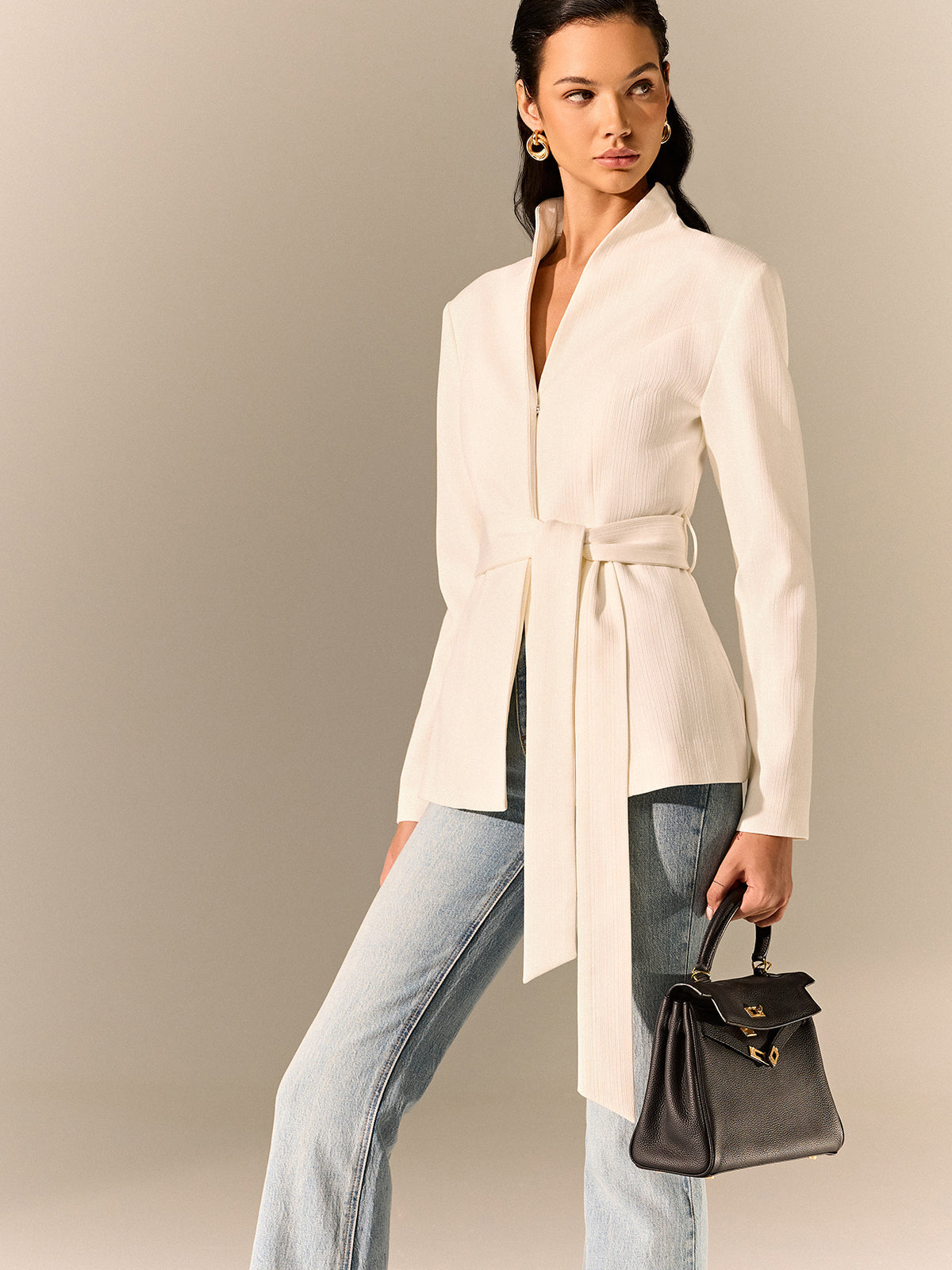 Stehkragen Gürtel Langarm Blazer