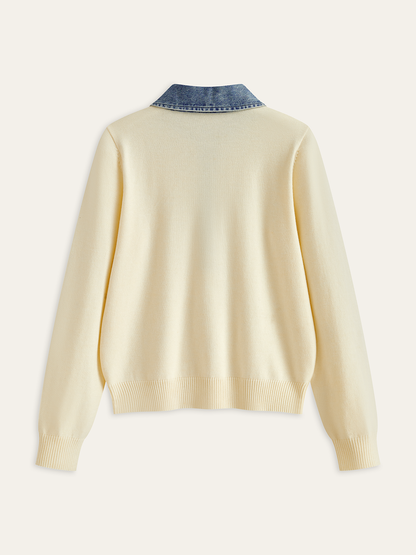 Denim-Kragen Wollmischung Stricktop