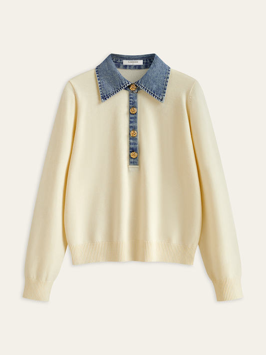 Denim-Kragen Wollmischung Stricktop