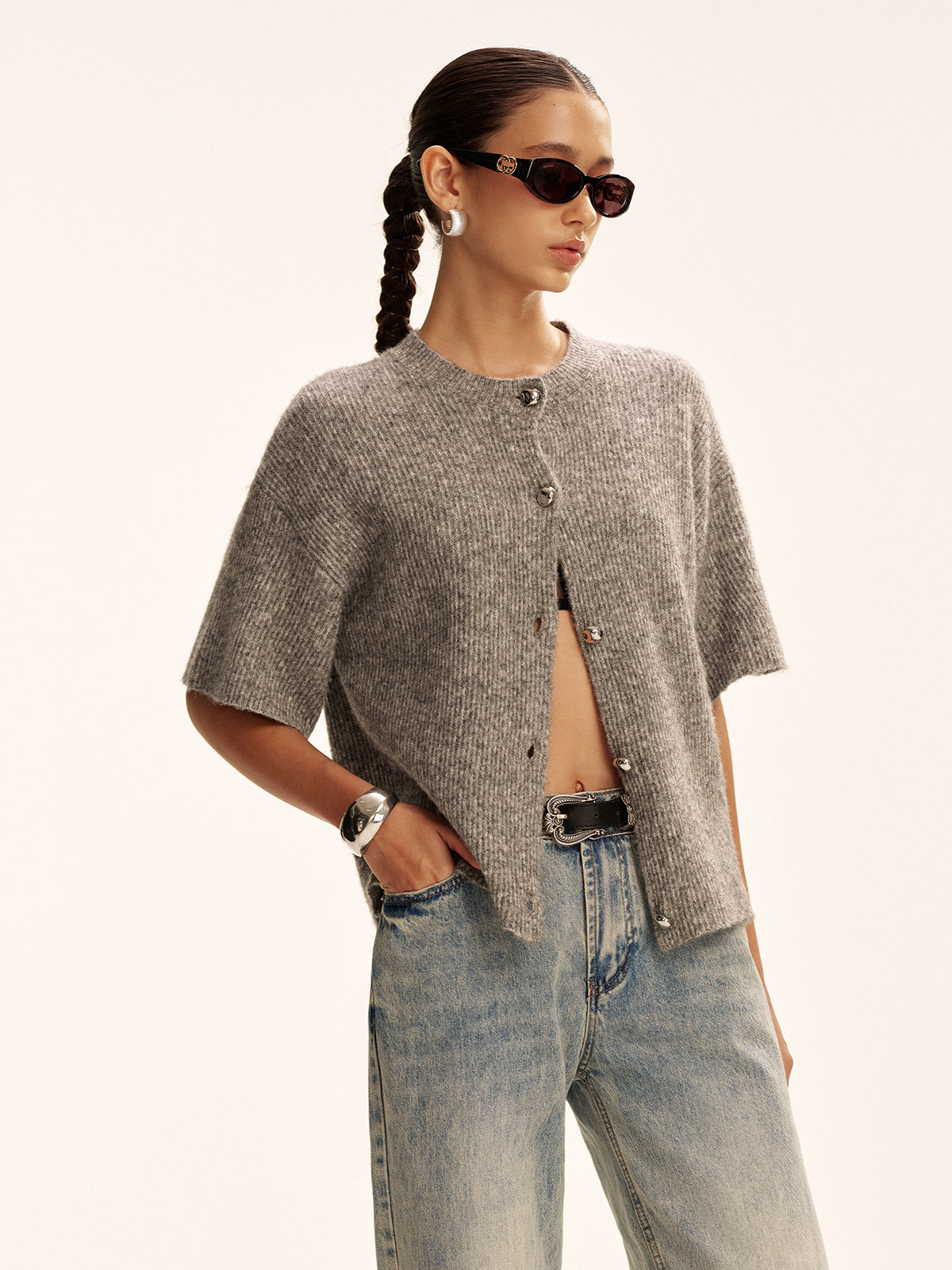 Wollmischung Kurzarm-Cardigan