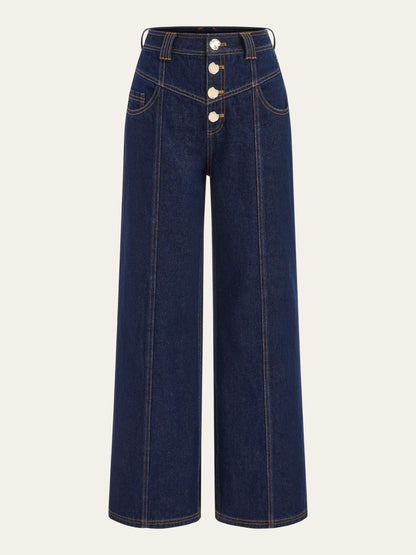 Hüfthohe Weite Bein Jeans mit Knopfverschluss