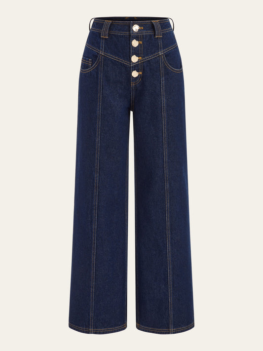 Hüfthohe Weite Bein Jeans mit Knopfverschluss