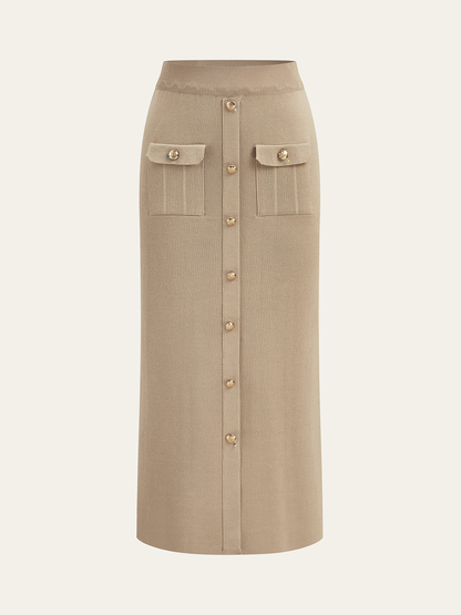Metallknopf-Geschlossener Cardigan und Midi-Rock Set