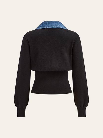 Denim-Besatz Metallknopf Cardigan