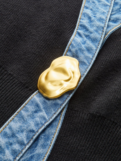 Denim-Besatz Metallknopf Cardigan