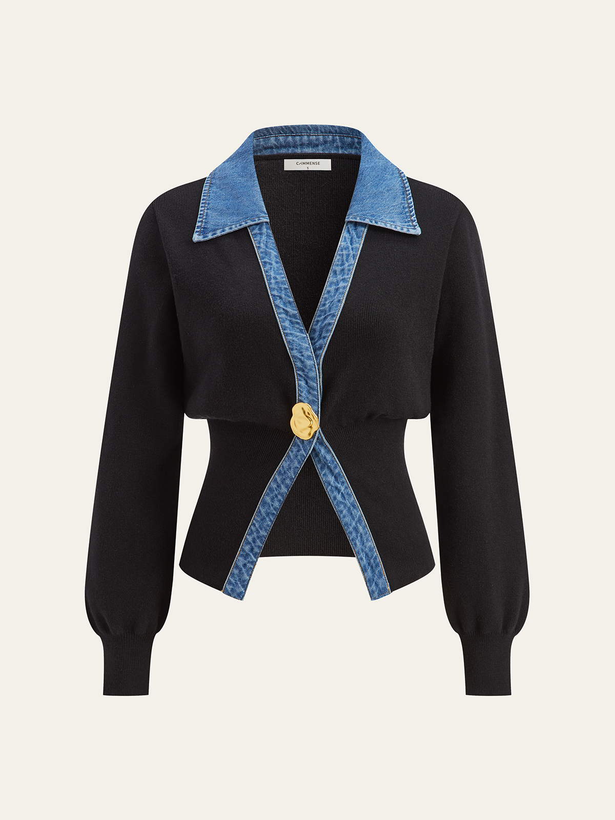 Denim-Besatz Metallknopf Cardigan