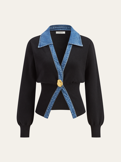 Denim-Besatz Metallknopf Cardigan