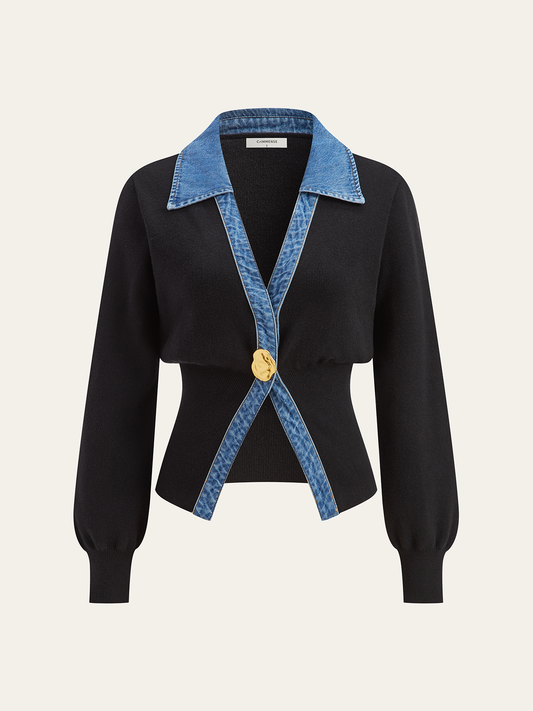 Denim-Besatz Metallknopf Cardigan