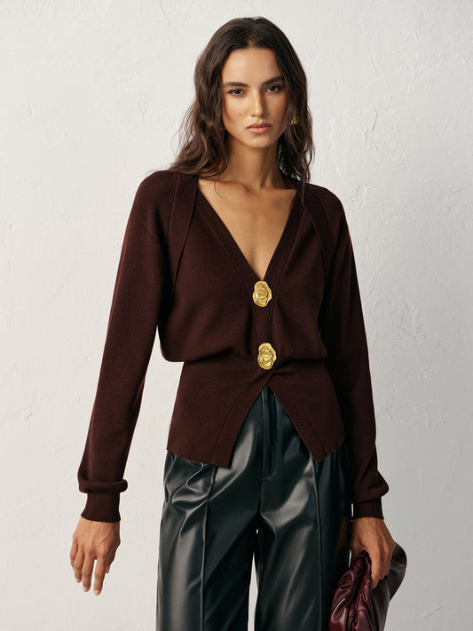 Metallknopf V-Ausschnitt Strickcardigan