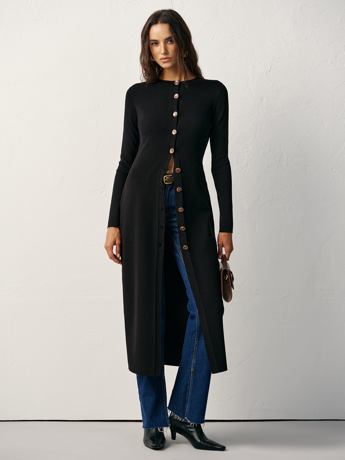 Button-Front Maxi Strick Cardigan Kleid