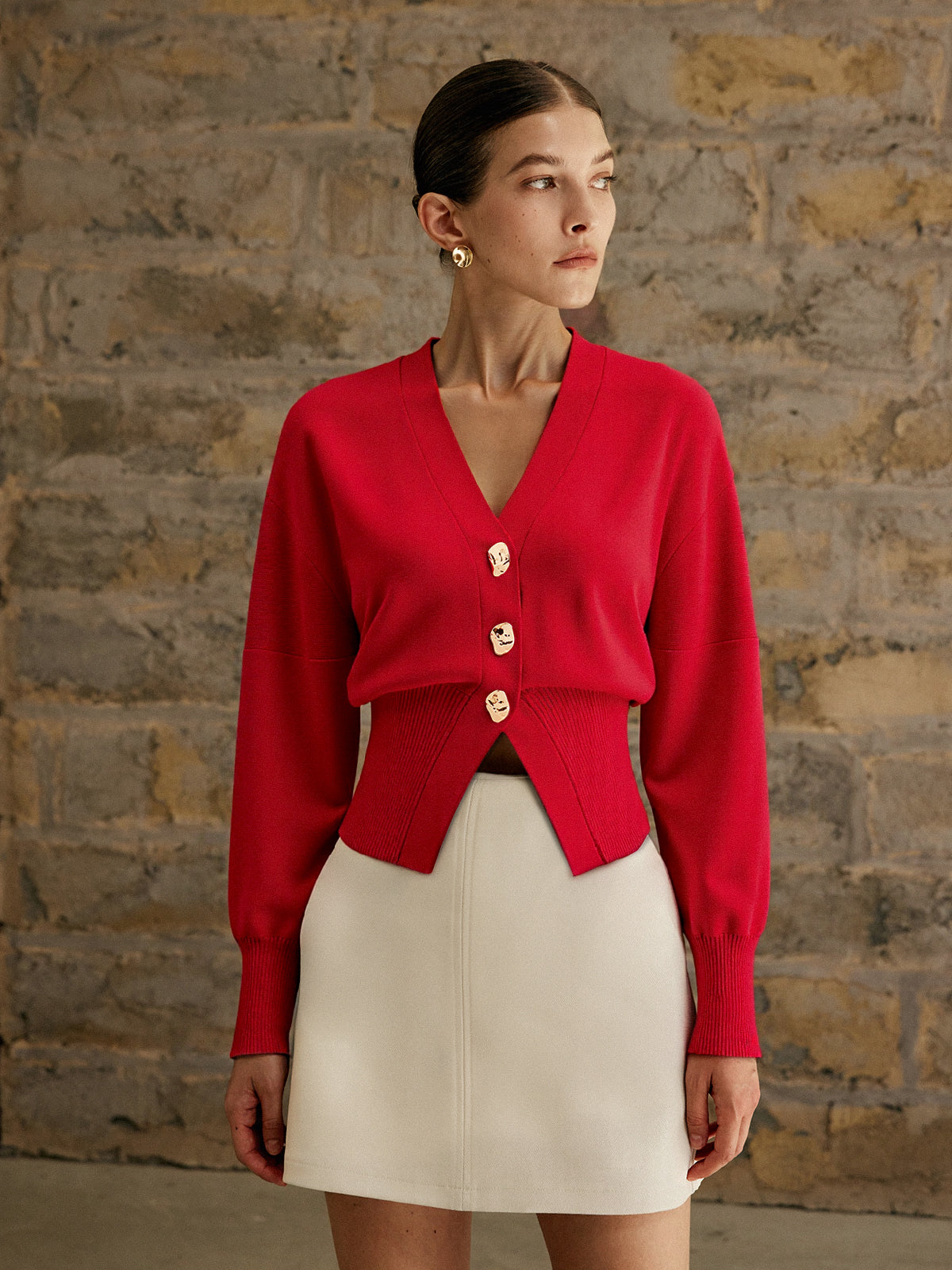 Wollmischung Cropped V-Ausschnitt Cardigan