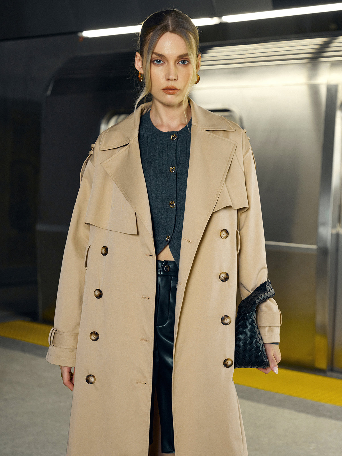 Baumwollmischung Doppelreihiger Gürteltrenchcoat