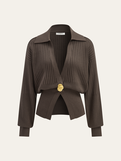 Rippstrick-Kragen-Cardigan mit Metallknöpfen