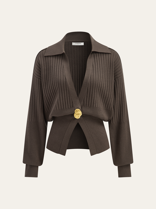 Rippstrick-Kragen-Cardigan mit Metallknöpfen