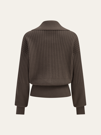Rippstrick-Kragen-Cardigan mit Metallknöpfen
