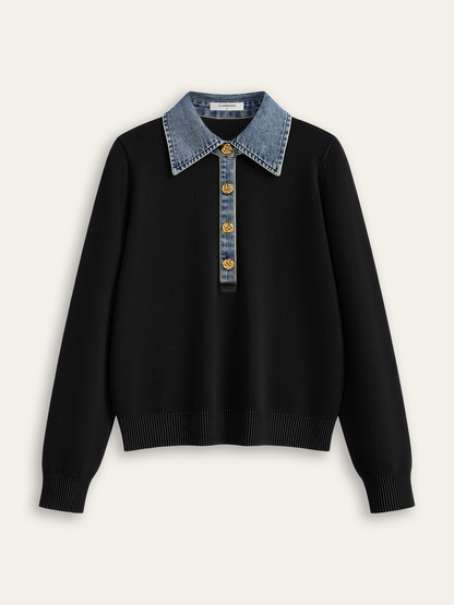 Denim-Kragen Wollmischung Stricktop