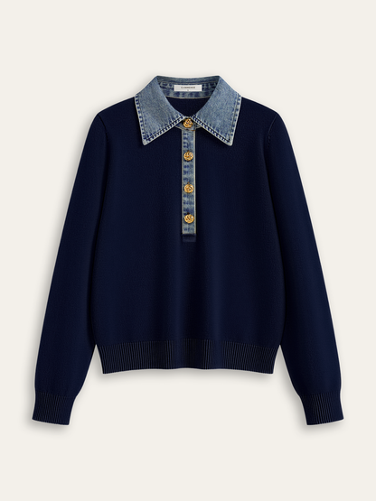 Denim-Kragen Wollmischung Stricktop