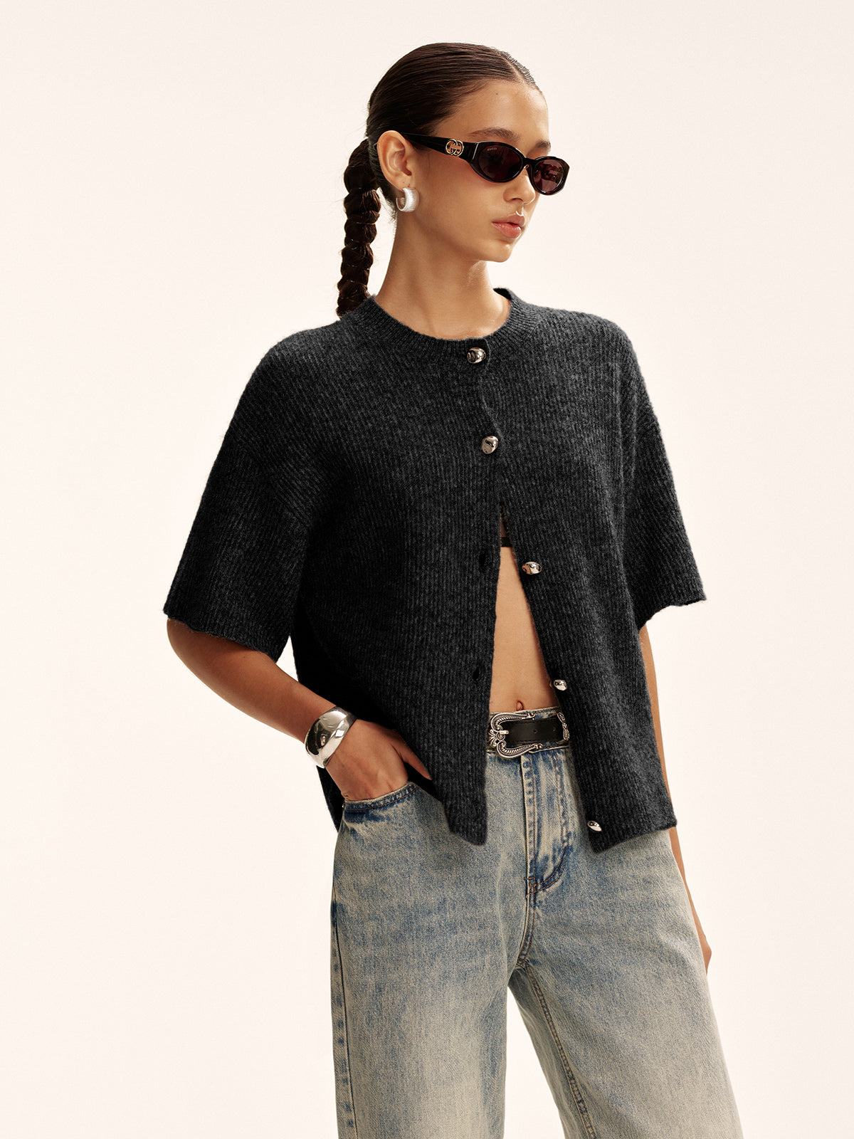 Wollmischung Kurzarm-Cardigan