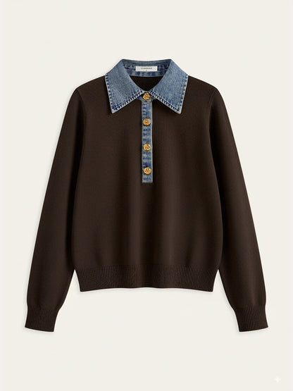 Denim-Kragen Wollmischung Stricktop