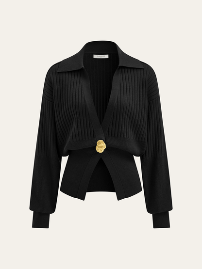 Rippstrick-Kragen-Cardigan mit Metallknöpfen