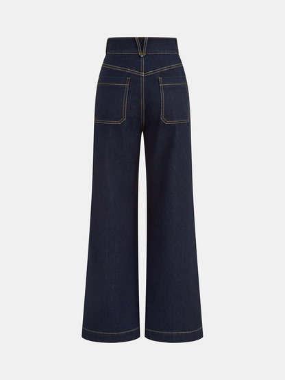 Hochtaillierte Jeanshose mit doppeltem Knopf und geradem Bein