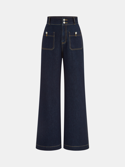 Hochtaillierte Jeanshose mit doppeltem Knopf und geradem Bein