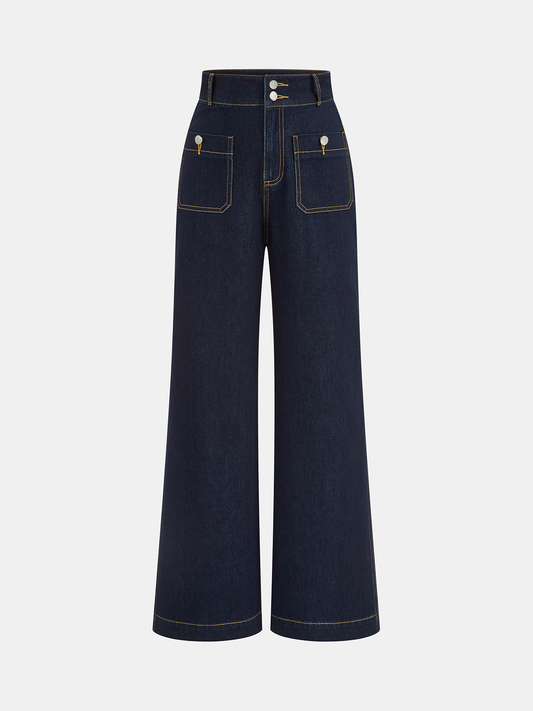 Hochtaillierte Jeanshose mit doppeltem Knopf und geradem Bein