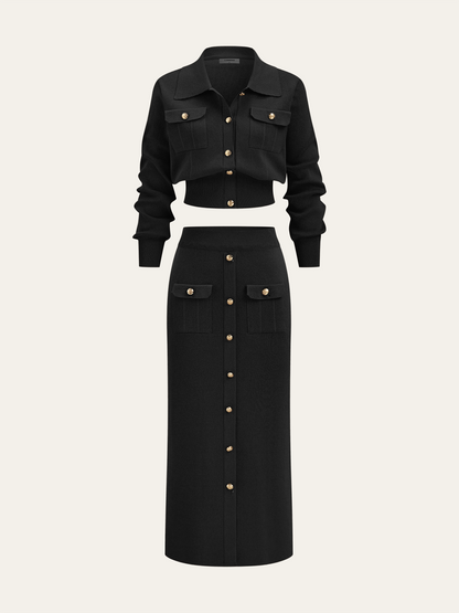 Metallknopf-Geschlossener Cardigan und Midi-Rock Set
