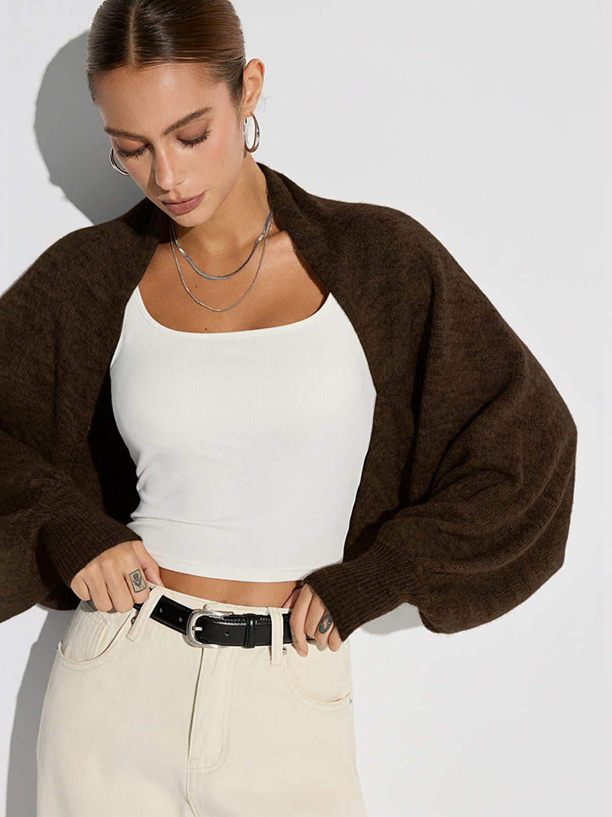 Wollmischung Übergroßer Batwing Ärmel Cardigan