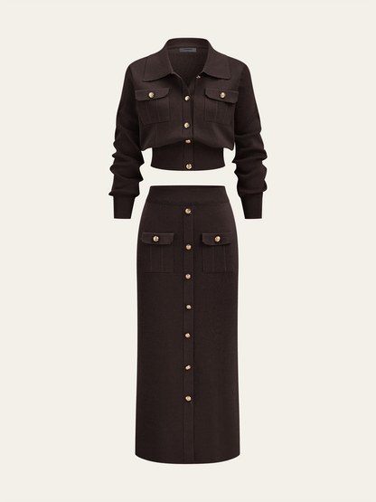 Metallknopf-Geschlossener Cardigan und Midi-Rock Set
