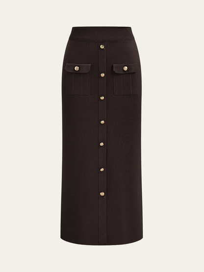 Metallknopf-Geschlossener Cardigan und Midi-Rock Set
