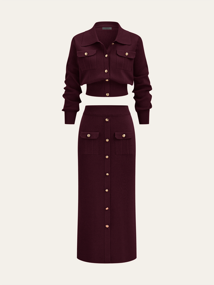 Metallknopf-Geschlossener Cardigan und Midi-Rock Set