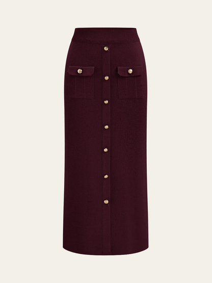 Metallknopf-Geschlossener Cardigan und Midi-Rock Set